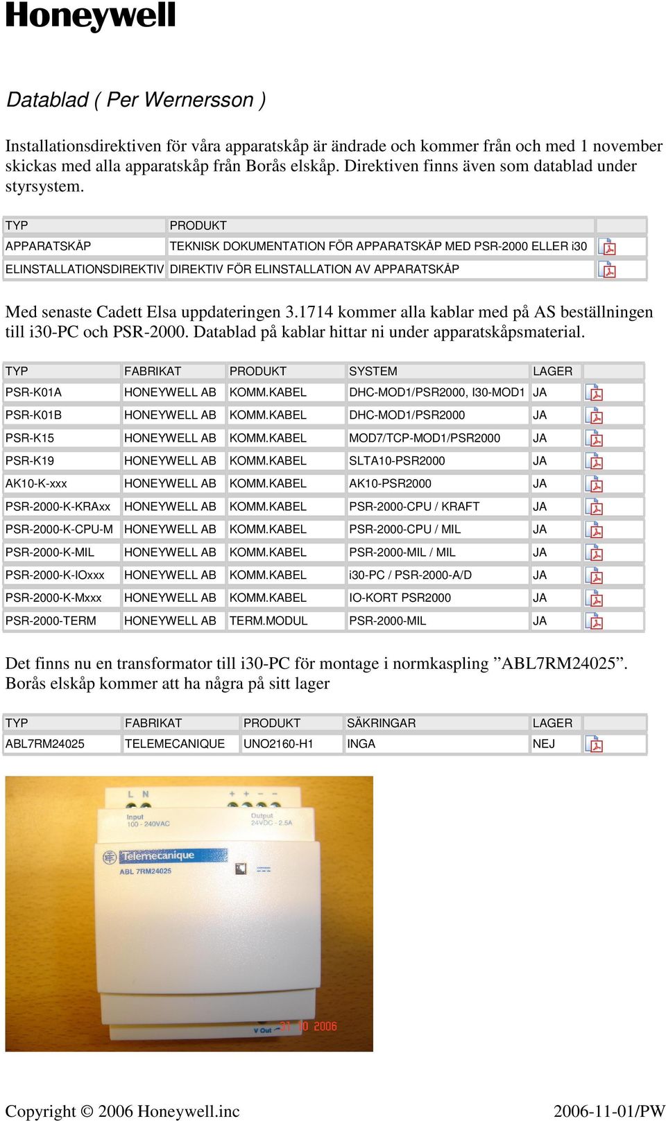 TYP PRODUKT APPARATSKÅP TEKNISK DOKUMENTATION FÖR APPARATSKÅP MED PSR-2000 ELLER i30 ELINSTALLATIONSDIREKTIV DIREKTIV FÖR ELINSTALLATION AV APPARATSKÅP Med senaste Cadett Elsa uppdateringen 3.