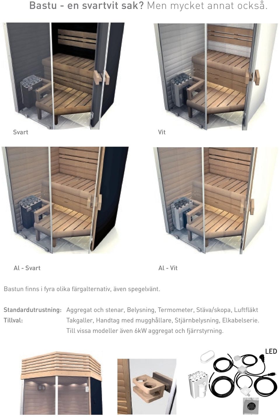 Standardutrustning: Aggregat och stenar, Belysning, Termometer, Stäva/skopa, Luftfläkt