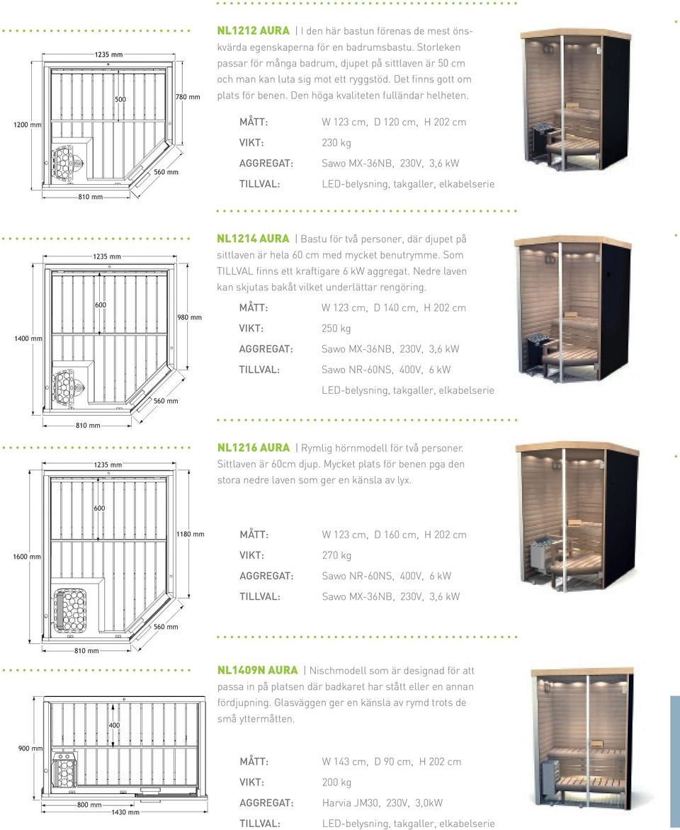 W 123 cm, D 120 cm, H 202 cm 230 kg NL1214 AURA Bastu för två personer, där djupet på sittlaven är hela 60 cm med mycket benutrymme. Som TILLVAL finns ett kraftigare 6 kw aggregat.