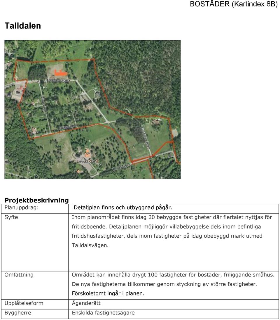 Detaljplanen möjliggör villabebyggelse dels inom befintliga fritidshusfastigheter, dels inom fastigheter på idag obebyggd mark utmed Talldalsvägen.