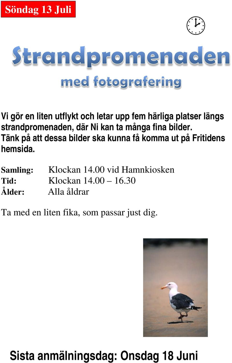 Tänk på att dessa bilder ska kunna få komma ut på Fritidens hemsida. Samling: Klockan 14.