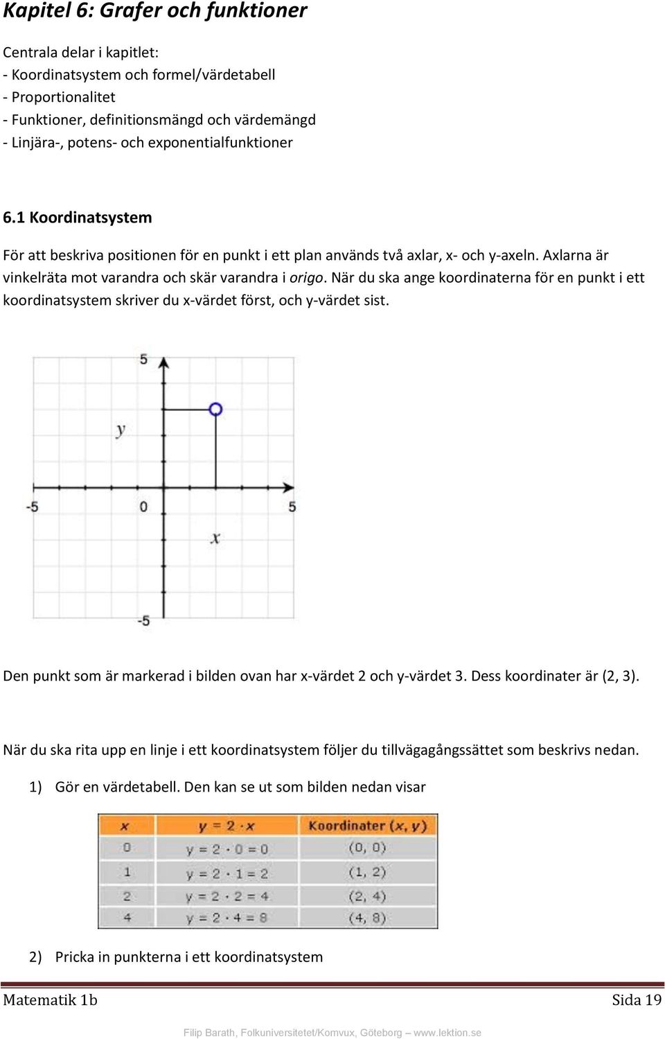 När du ska ange koordinaterna för en punkt i ett koordinatsystem skriver du x-värdet först, och y-värdet sist. Den punkt som är markerad i bilden ovan har x-värdet 2 och y-värdet 3.