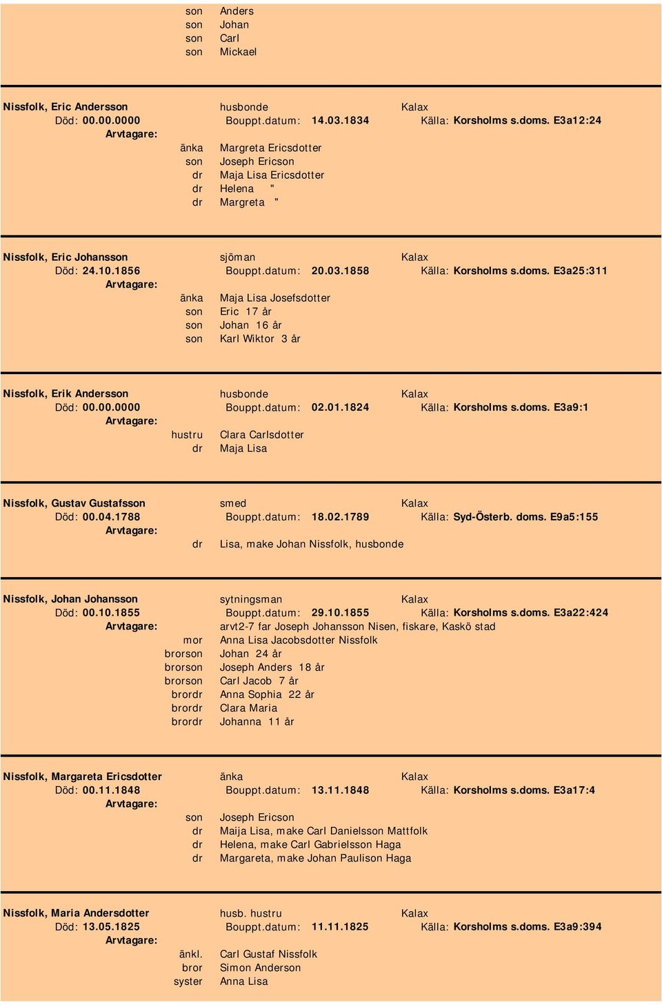 1858 Källa: Korsholms s.doms. E3a25:311 änka Maja Lisa Josefsdotter son Eric 17 år son Johan 16 år son Karl Wiktor 3 år Nissfolk, Erik Andersson husbonde Kalax Död: 00.00.0000 Bouppt.datum: 02.01.