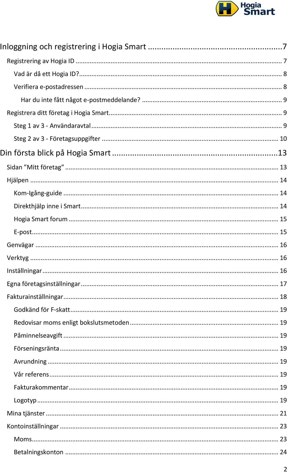 .. 14 Kom-Igång-guide... 14 Direkthjälp inne i Smart... 14 Hogia Smart forum... 15 E-post... 15 Genvägar... 16 Verktyg... 16 Inställningar... 16 Egna företagsinställningar... 17 Fakturainställningar.