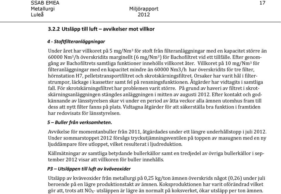 marginellt (6 mg/nm 3 ) för Bachofiltret vid ett tillfälle. Efter genomgång av Bachofiltrets samtliga funktioner innehölls villkoret åter.