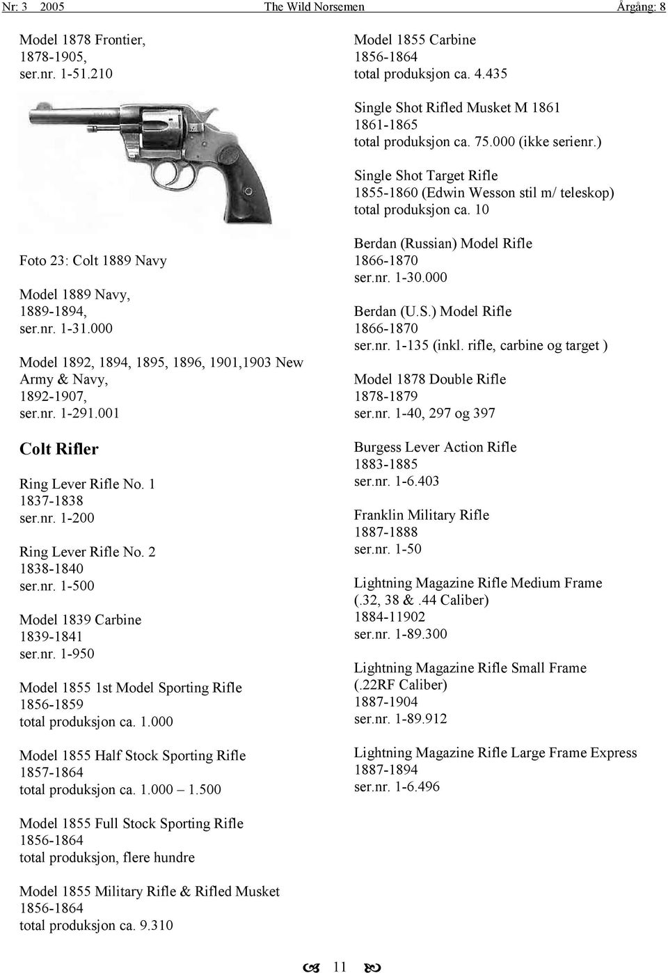 000 Model 1892, 1894, 1895, 1896, 1901,1903 New Army & Navy, 1892-1907, ser.nr. 1-291.001 Colt Rifler Ring Lever Rifle No. 1 1837-1838 ser.nr. 1-200 Ring Lever Rifle No. 2 1838-1840 ser.nr. 1-500 Model 1839 Carbine 1839-1841 ser.