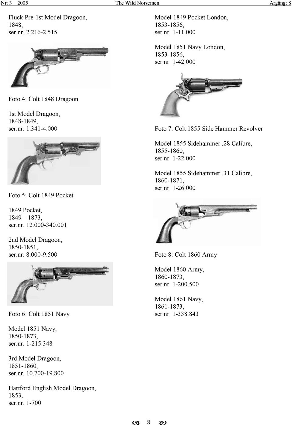 000 Foto 5: Colt 1849 Pocket Model 1855 Sidehammer.31 Calibre, 1860-1871, ser.nr. 1-26.000 1849 Pocket, 1849 1873, ser.nr. 12.000-340.001 2nd Model Dragoon, 1850-1851, ser.nr. 8.000-9.