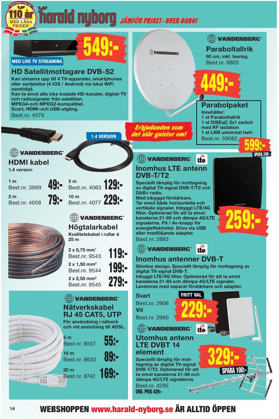 Kan ta emot alla icke kodade HD-kanaler, digital-tv och radiosignaler från satelliten. MPEG4-och MPEG2-kompatibel. Scart, HDMI-och USB-utgång. Best.nr. 4579 1.4 VERSION 5 m Best.nr. 4063 129:- 10 m Best.