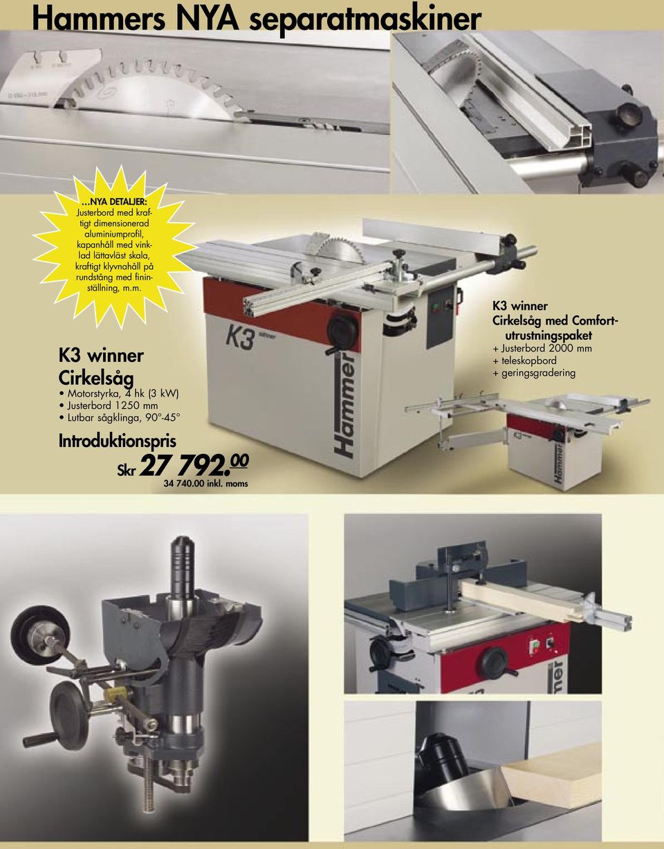 Motorstyrka, 4 hk (3 kw) Justerbord 1250 mm Lutbar sågklinga, 90-45 Introduktionspris Skr 27 792. 00 34 740.