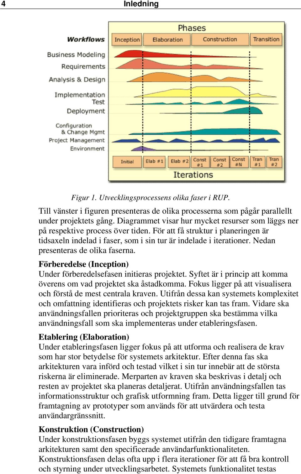 Nedan presenteras de olika faserna. Förberedelse (Inception) Under förberedelsefasen initieras projektet. Syftet är i princip att komma överens om vad projektet ska åstadkomma.