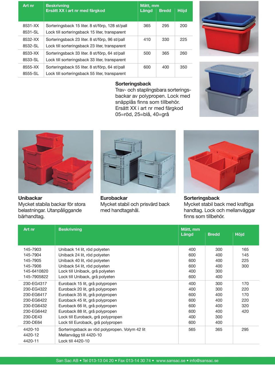 8 st/förp, 96 st/pall 410 330 225 8532-SL Lock till sorteringsback 23 liter, transparent 8533-XX Sorteringsback 33 liter.