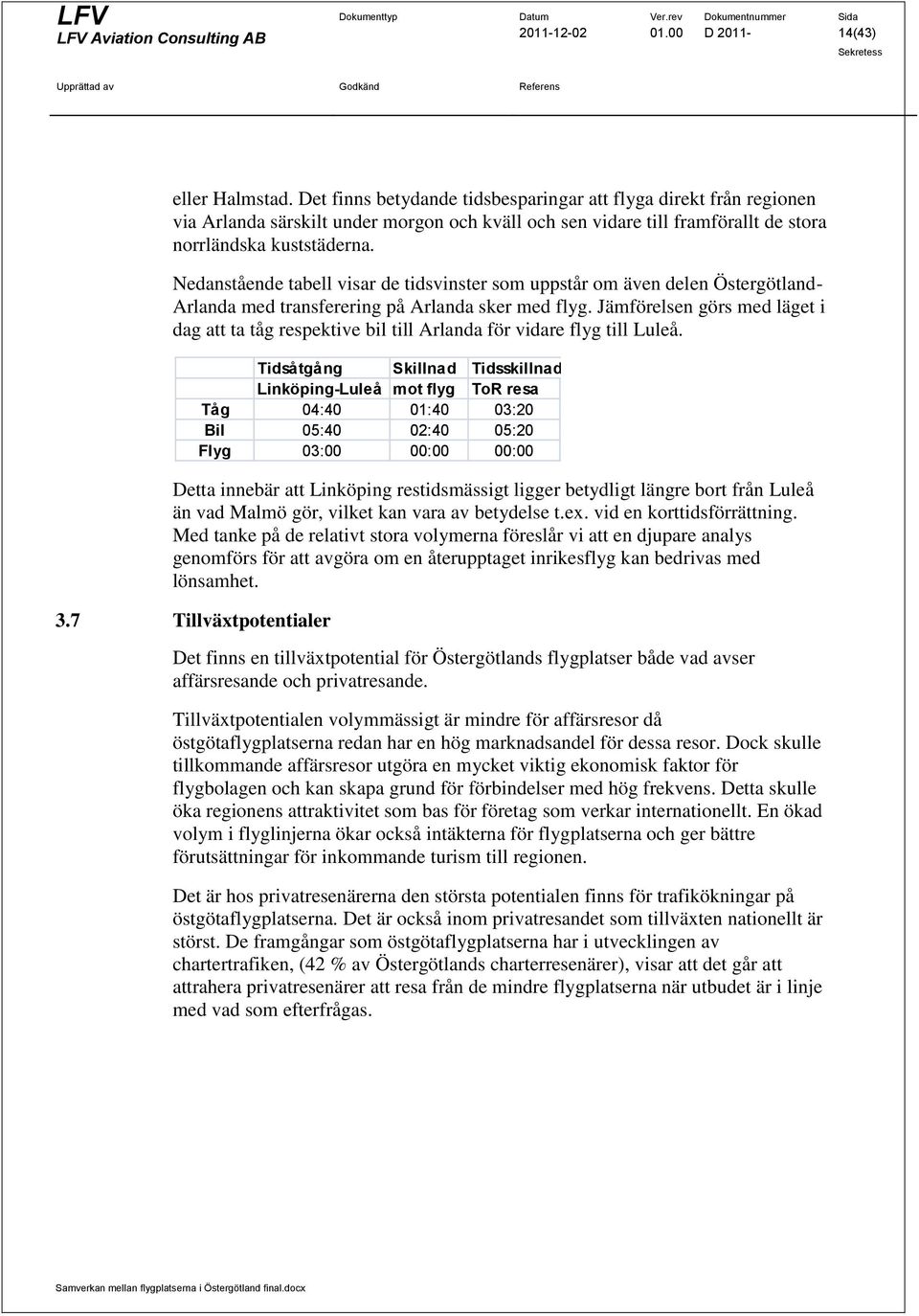 Nedanstående tabell visar de tidsvinster som uppstår om även delen Östergötland- Arlanda med transferering på Arlanda sker med flyg.