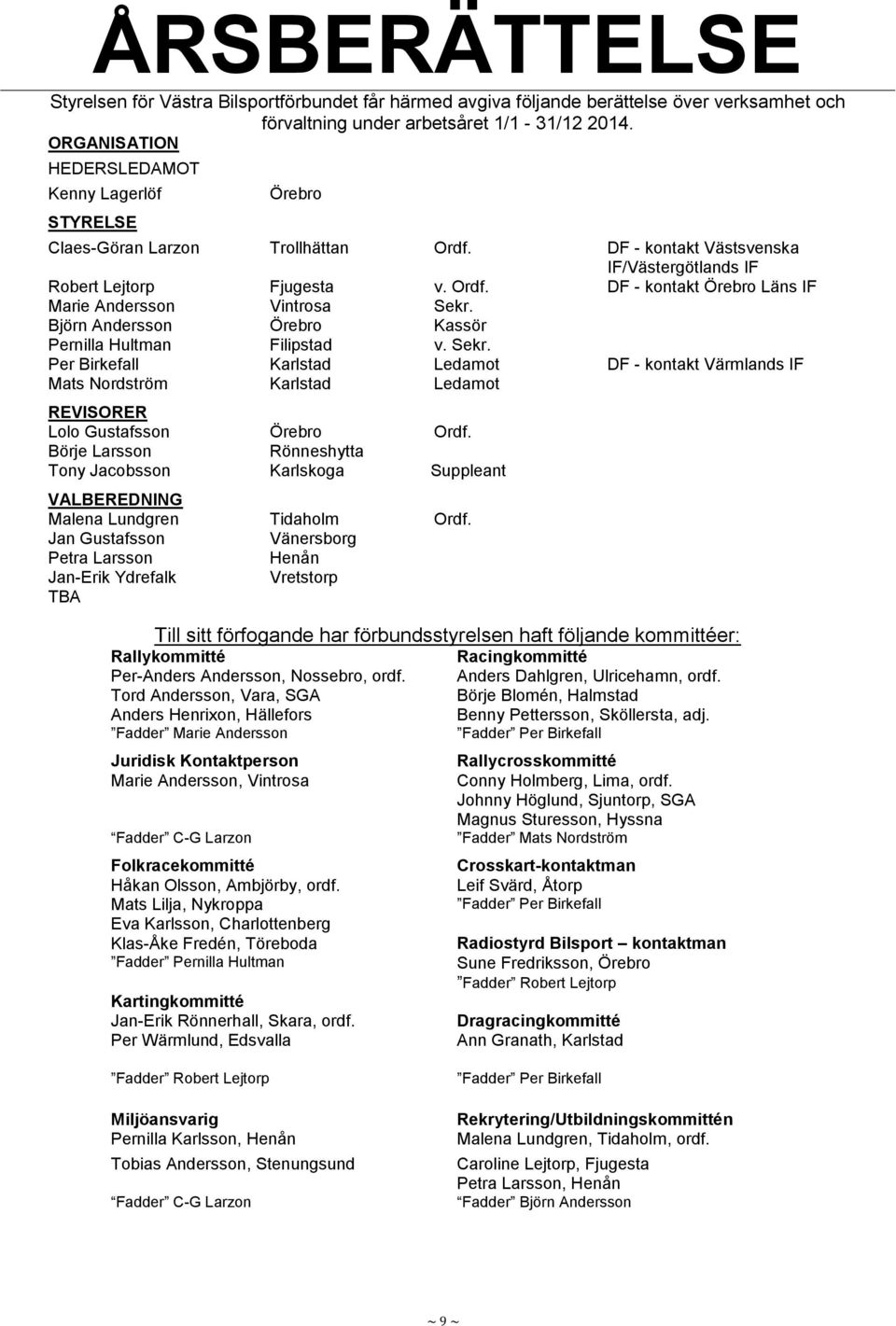 Björn Andersson Örebro Kassör Pernilla Hultman Filipstad v. Sekr. Per Birkefall Karlstad Ledamot DF - kontakt Värmlands IF Mats Nordström Karlstad Ledamot REVISORER Lolo Gustafsson Örebro Ordf.