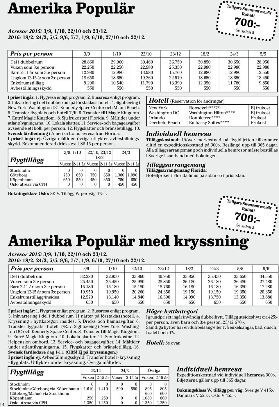 65 18.65 18.45 Enkelrumstillägg 9.29 1.54 11.79 13.39 12.35 11.78 9.85 Avbeställningsskydd 55 55 55 55 55 55 55 I priset ingår: 1. Flygresa enligt program. 2. Bussresa enligt program. 3.