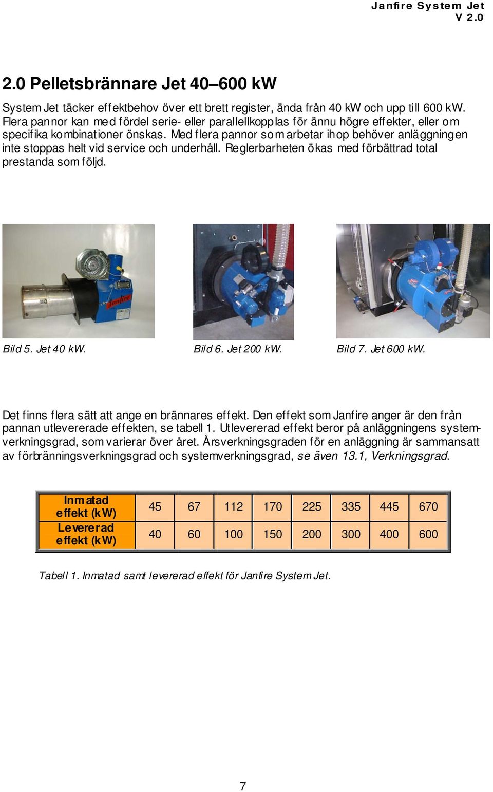 Med flera pannor som arbetar ihop behöver anläggningen inte stoppas helt vid service och underhåll. Reglerbarheten ökas med förbättrad total prestanda som följd. Bild 5. Jet 40 kw. Bild 6. Jet 200 kw.