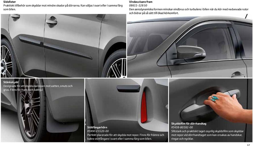 Stänkskydd Designade för att skydda karossen mot vatten, smuts och grus. Finns för fram- och bakhjul. Stötfångarhörn PZ490-E5520-00 Perfekt placerade för att skydda mot repor.
