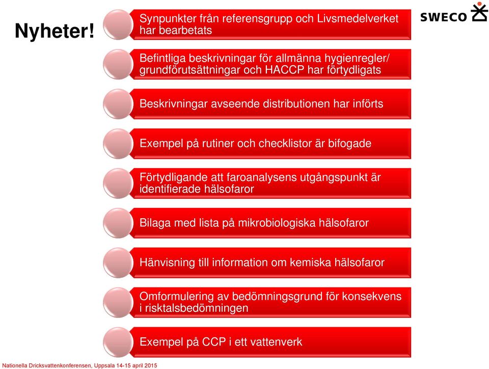 grundförutsättningar och HACCP har förtydligats Beskrivningar avseende distributionen har införts Exempel på rutiner och checklistor är