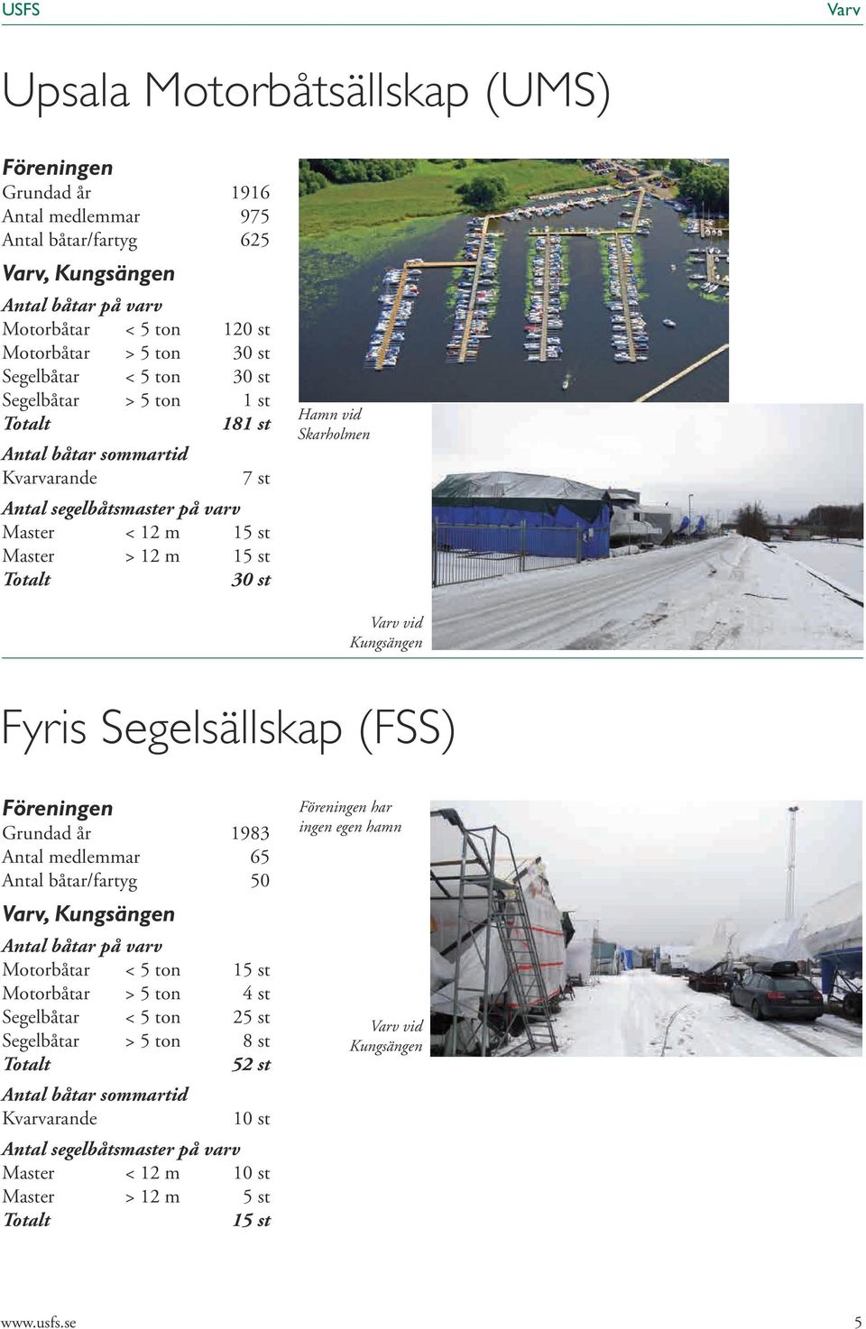 Kungsängen Fyris Segelsällskap (FSS) Föreningen Grundad år 1983 Antal medlemmar 65 Antal båtar/fartyg 50, Kungsängen Antal båtar på varv Motorbåtar < 5 ton 15 st Motorbåtar > 5 ton 4 st Segelbåtar <