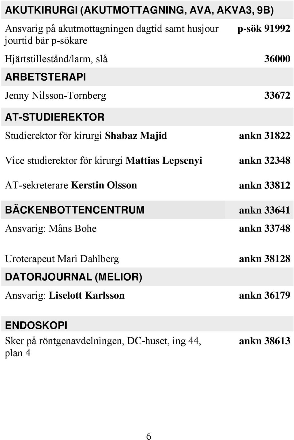 Mattias Lepsenyi ankn 32348 AT-sekreterare Kerstin Olsson ankn 33812 BÄCKENBOTTENCENTRUM ankn 33641 Ansvarig: Måns Bohe ankn 33748 Uroterapeut Mari