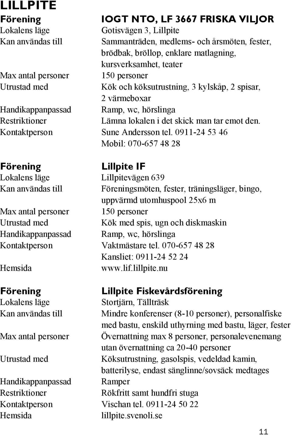 0911-24 53 46 Mobil: 070-657 48 28 Lillpite IF Lillpitevägen 639 smöten, fester, träningsläger, bingo, uppvärmd utomhuspool 25x6 m 150 personer Kök med spis, ugn och diskmaskin Ramp, wc, hörslinga