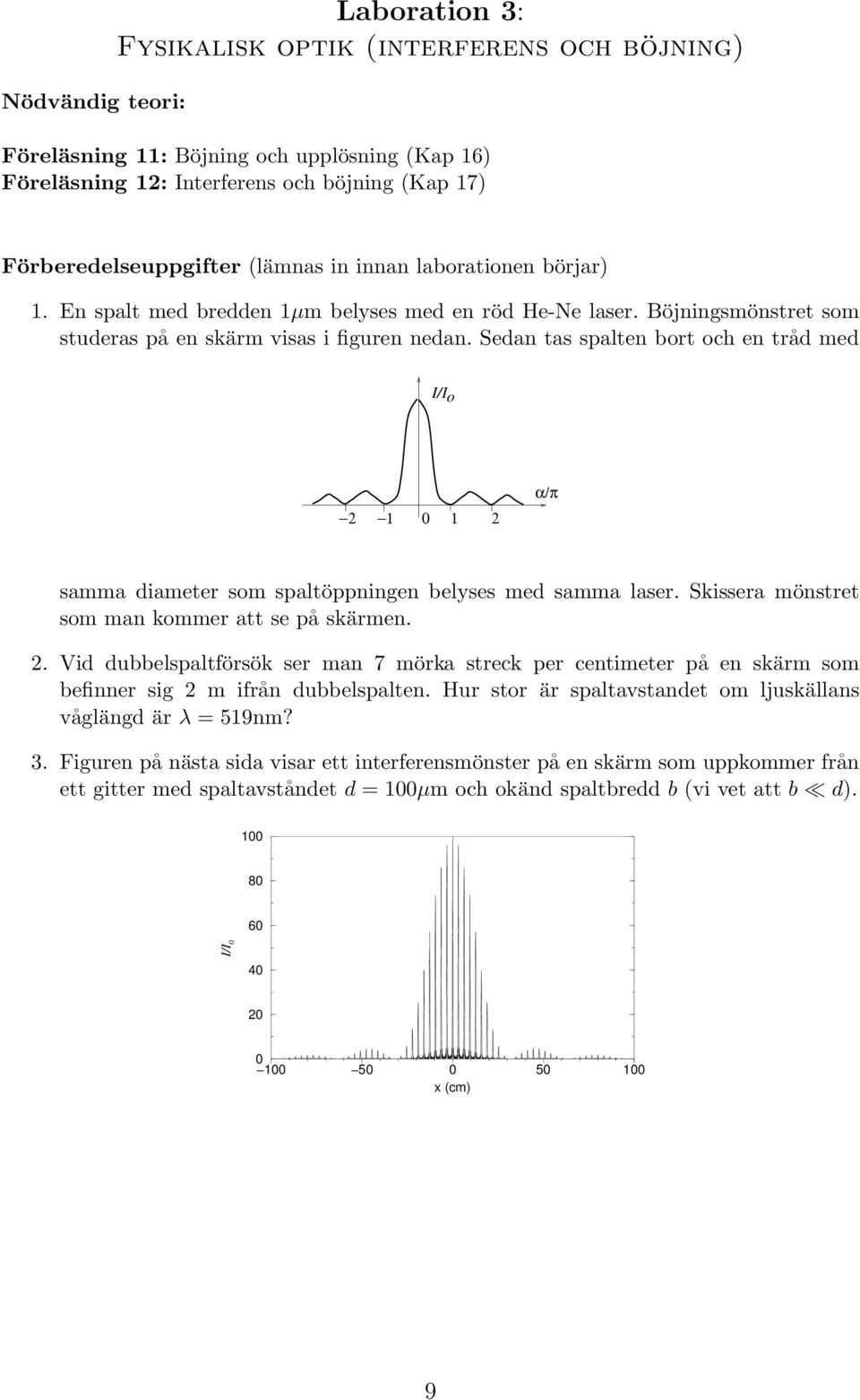 Sedan tas spalten bort och en tråd med I/Io 2 1 0 1 2 α/π samma diameter som spaltöppningen belyses med samma laser. Skissera mönstret som man kommer att se på skärmen. 2. Vid dubbelspaltförsök ser man 7 mörka streck per centimeter på en skärm som befinner sig 2 m ifrån dubbelspalten.