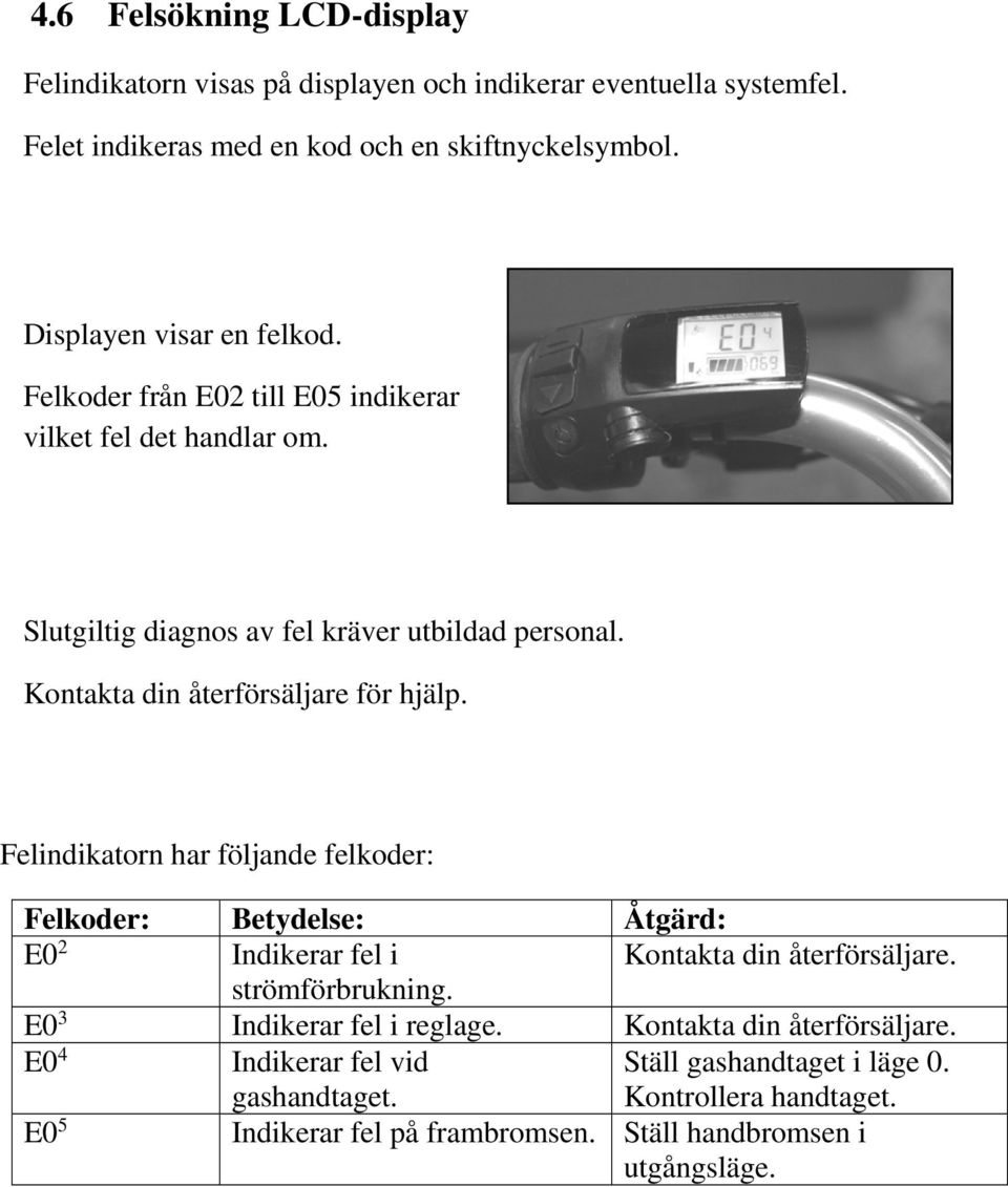 Kontakta din återförsäljare för hjälp. Felindikatorn har följande felkoder: Felkoder: Betydelse: Åtgärd: E0 2 Indikerar fel i Kontakta din återförsäljare.