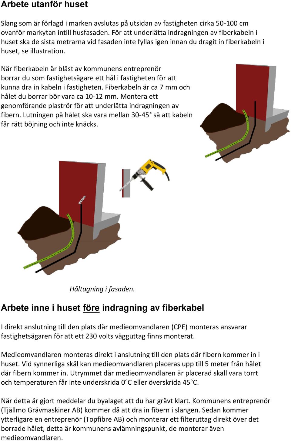 När fiberkabeln är blåst av kommunens entreprenör borrar du som fastighetsägare ett hål i fastigheten för att kunna dra in kabeln i fastigheten.