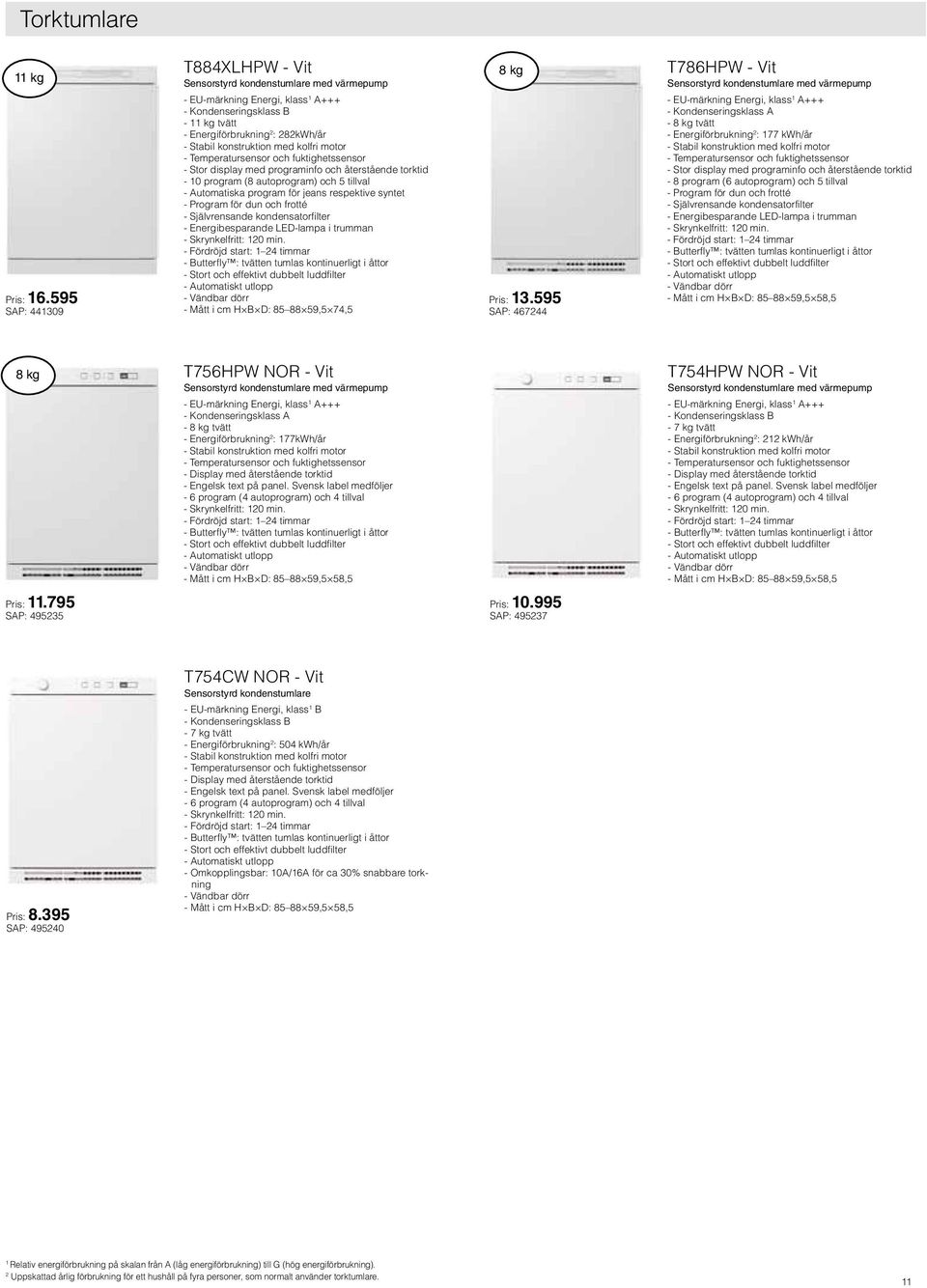 konstruktion med kolfri motor - Temperatursensor och fuktighetssensor - Stor display med programinfo och återstående torktid - 10 program (8 autoprogram) och 5 tillval - Automatiska program för jeans