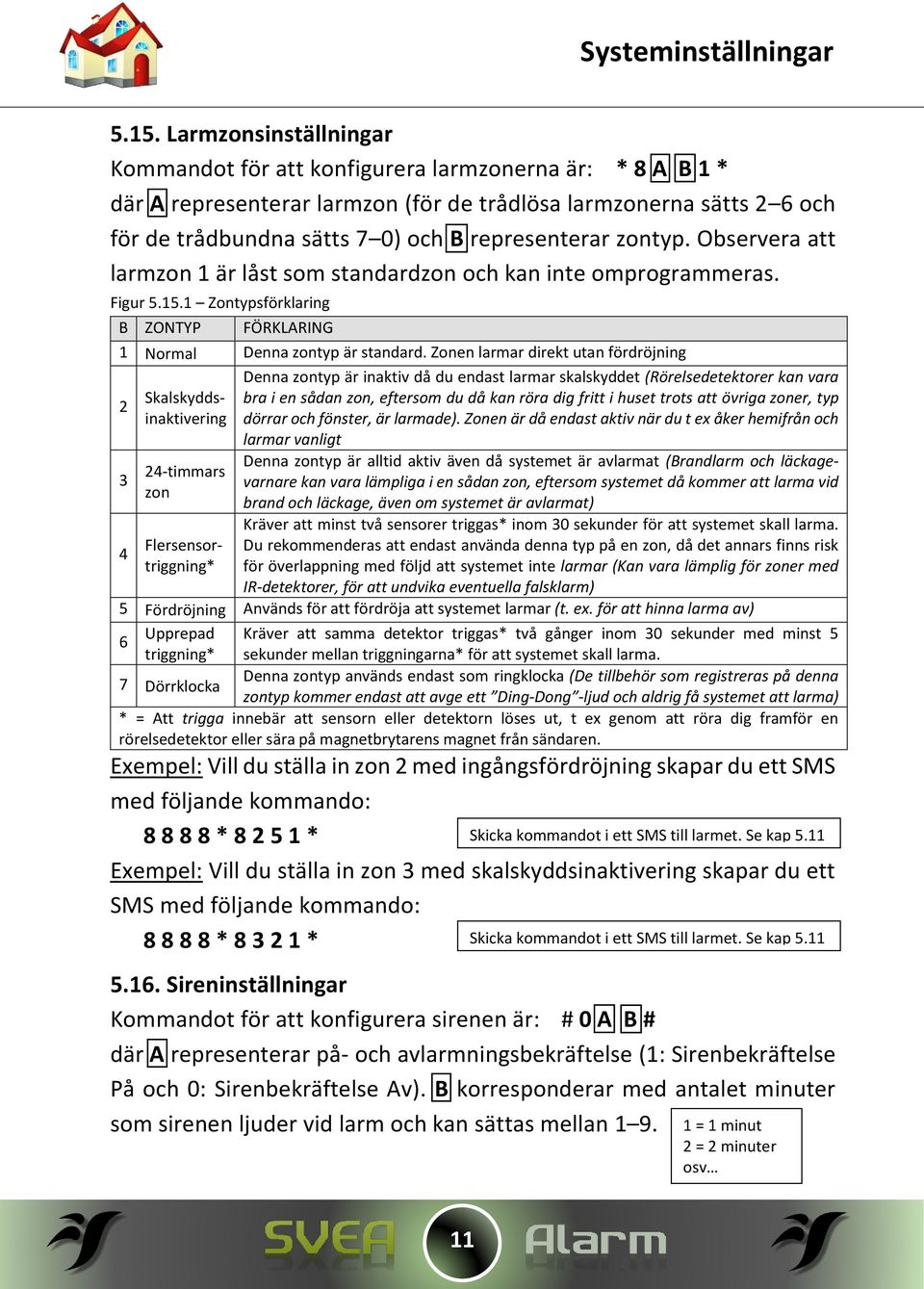 zontyp. Observera att larmzon 1 är låst som standardzon och kan inte omprogrammeras. Figur 5.15.1 Zontypsförklaring B ZONTYP FÖRKLARING 1 Normal Denna zontyp är standard.