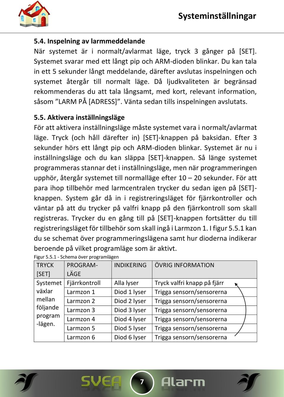 Då ljudkvaliteten är begränsad rekommenderas du att tala långsamt, med kort, relevant information, såsom LARM PÅ [ADRESS]. Vänta sedan tills inspelningen avslutats. 5.