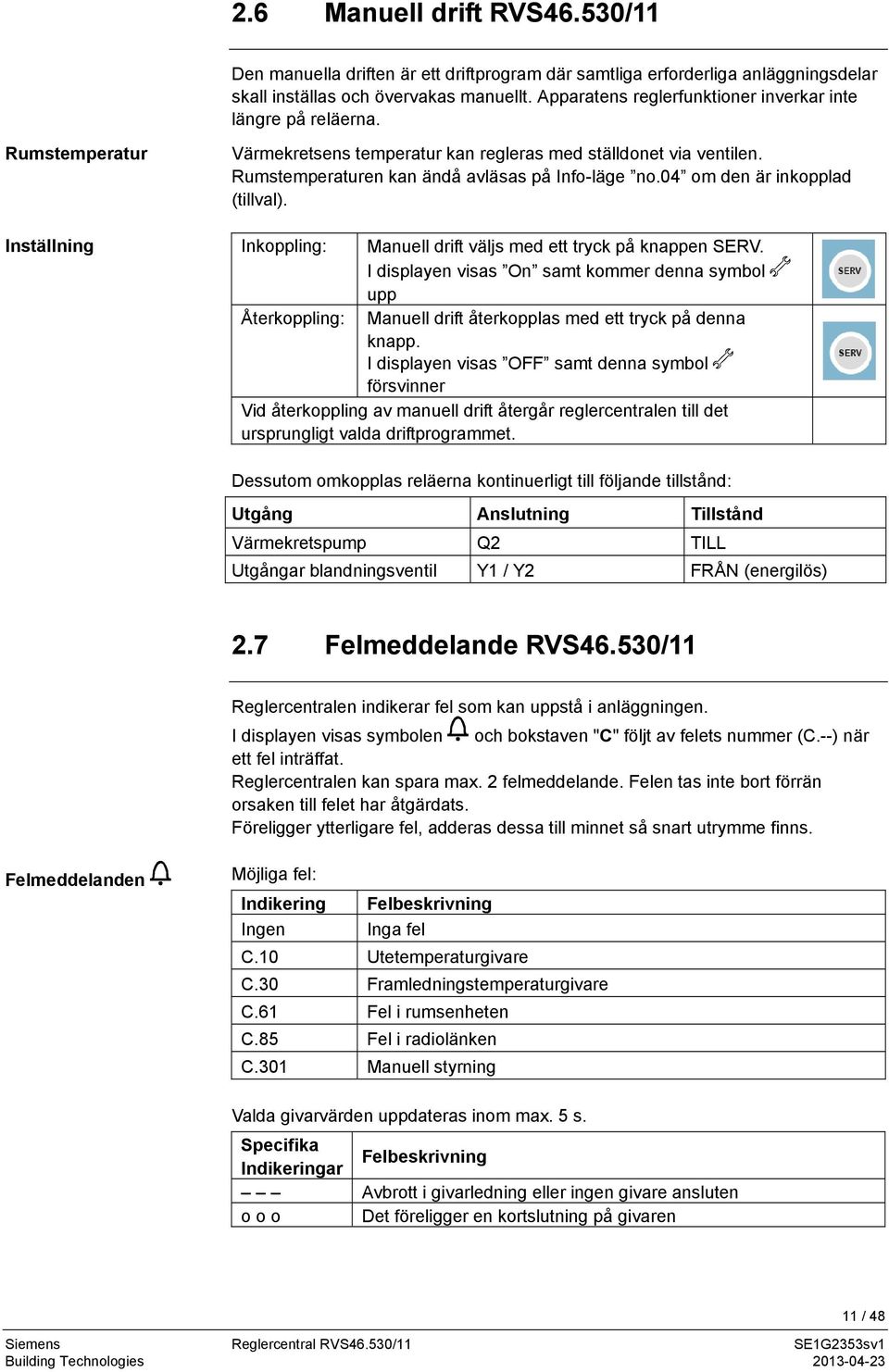 Rumstemperaturen kan ändå avläsas på Info-läge no.04 om den är inkopplad (tillval). Inkoppling: Manuell drift väljs med ett tryck på knappen SERV.