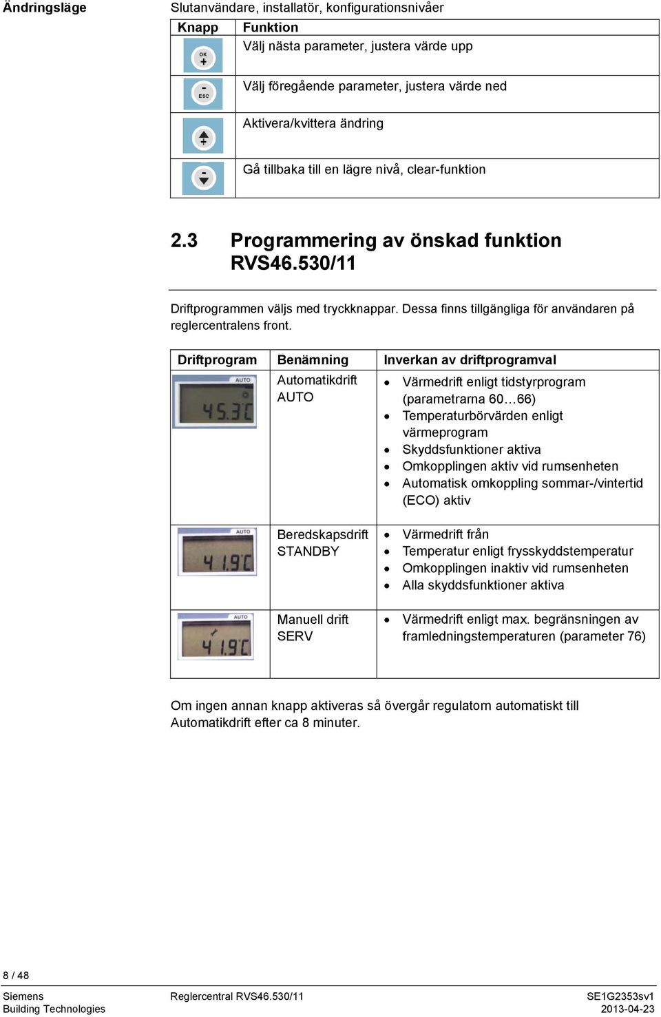 Driftprogram Benämning Inverkan av driftprogramval Automatikdrift AUTO Värmedrift enligt tidstyrprogram (parametrarna 60 66) Temperaturbörvärden enligt värmeprogram Skyddsfunktioner aktiva