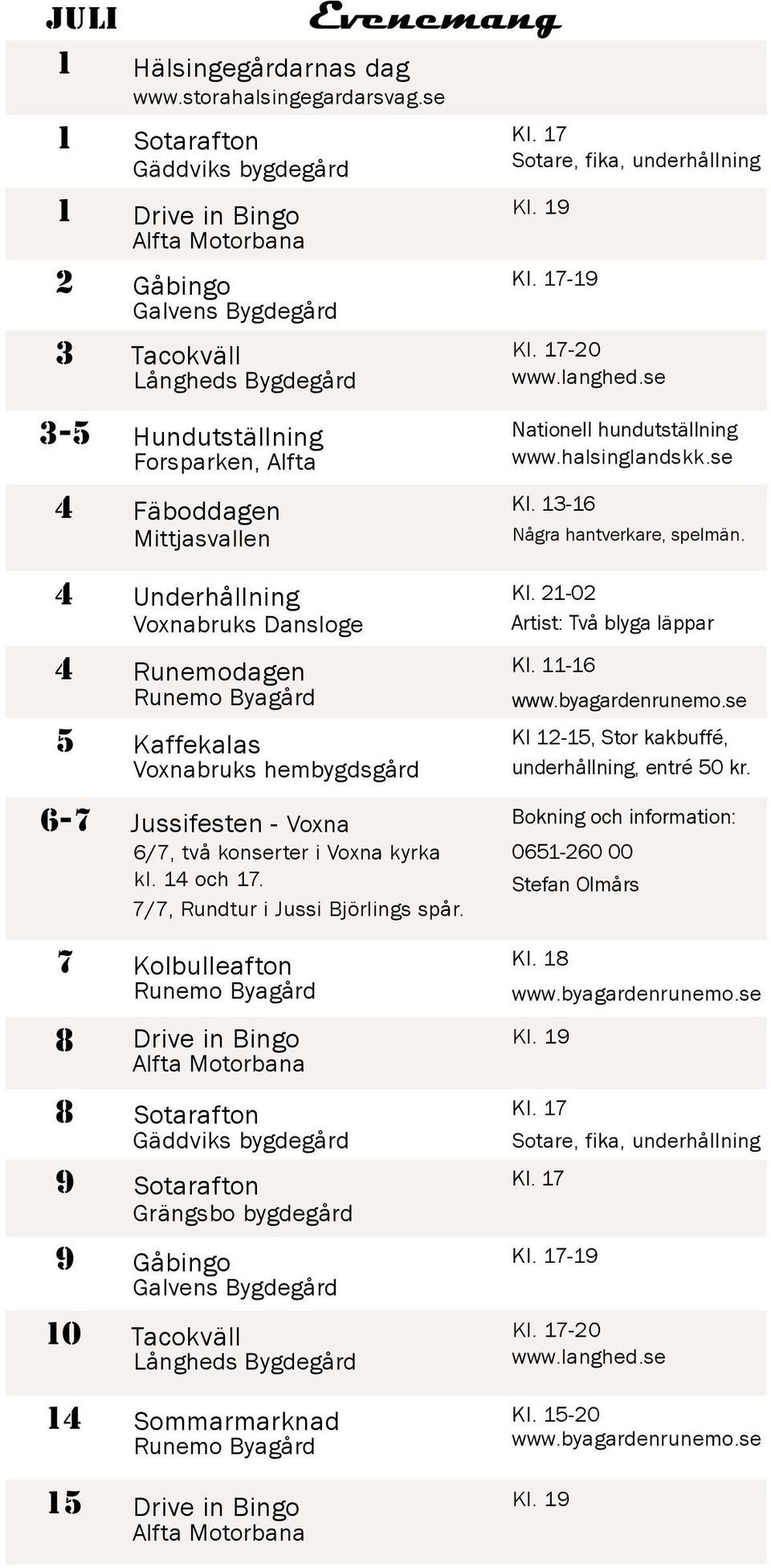 se 3-5 Hundutställning Forsparken, Alfta 4 Fäboddagen Mittjasvallen 4 Underhållning Voxnabruks Dansloge 4 Runemodagen Runemo Byagård 5 Kaffekalas Voxnabruks hembygdsgård 6-7 Jussifesten - Voxna 6/7,