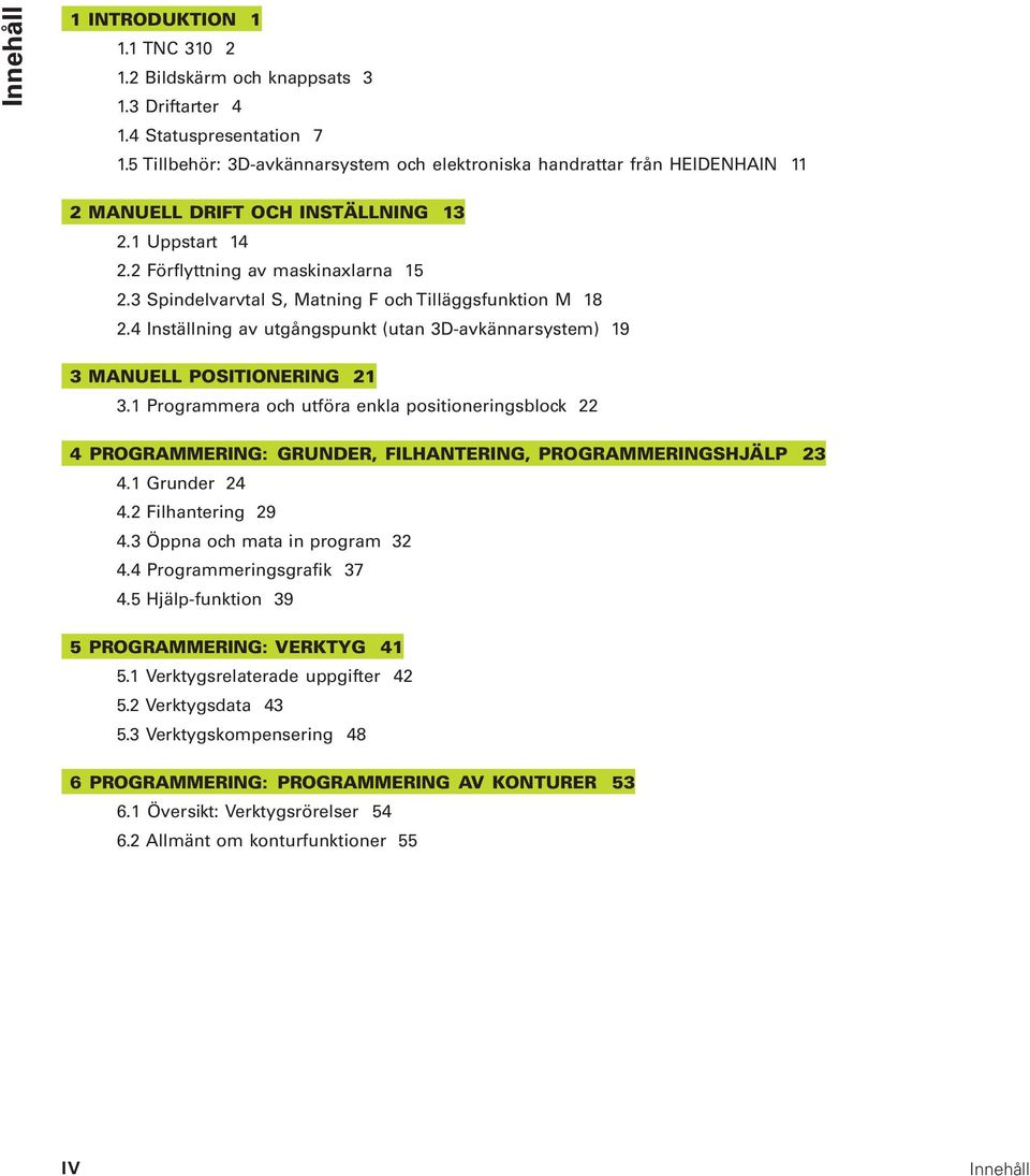 3 Spindelvarvtal S, Matning F och Tilläggsfunktion M 18 2.4 Inställning av utgångspunkt (utan 3D-avkännarsystem) 19 3 MANUELL POSITIONERING 21 3.