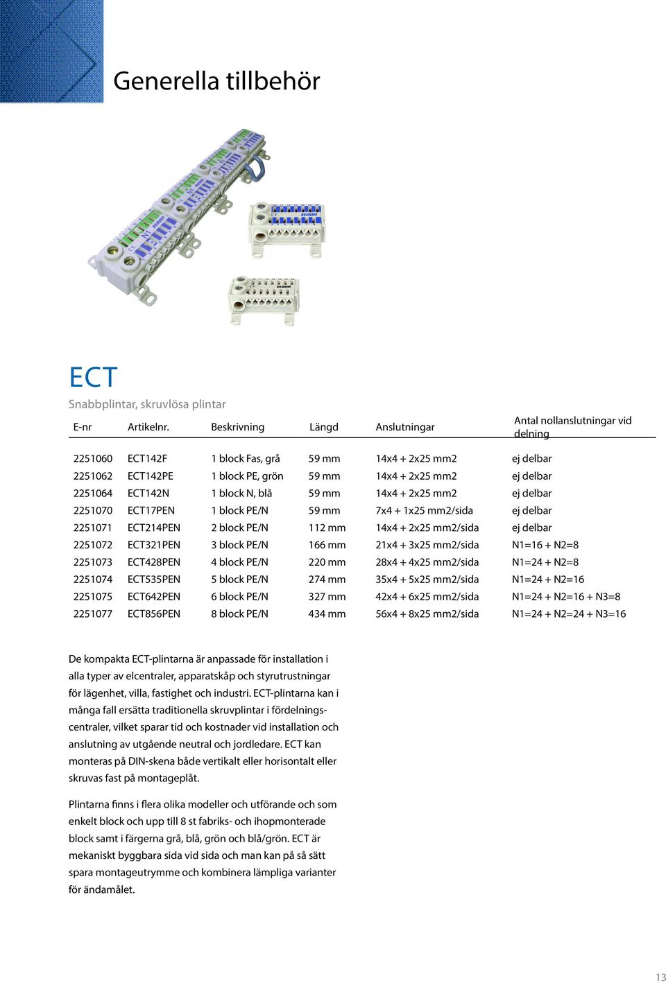 2251064 ECT142N 1 block N, blå 59 mm 14x4 + 2x25 mm2 ej delbar 2251070 ECT17PEN 1 block PE/N 59 mm 7x4 + 1x25 mm2/sida ej delbar 2251071 ECT214PEN 2 block PE/N 112 mm 14x4 + 2x25 mm2/sida ej delbar