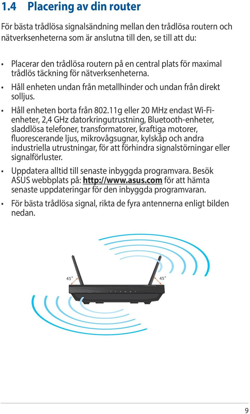 11g eller 20 MHz endast Wi-Fienheter, 2,4 GHz datorkringutrustning, Bluetooth-enheter, sladdlösa telefoner, transformatorer, kraftiga motorer, fluorescerande ljus, mikrovågsugnar, kylskåp och andra