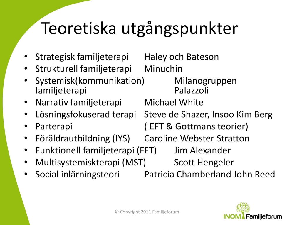 terapi Steve de Shazer, Insoo Kim Berg Parterapi ( EFT & Gottmans teorier) Föräldrautbildning (IYS) Caroline Webster