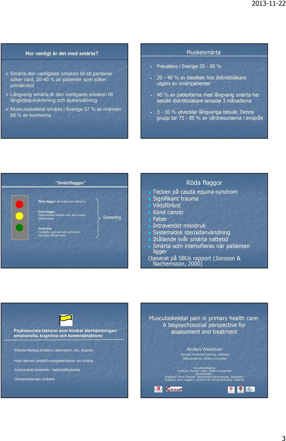 sjukersättning Muskuloskeletal smärta i Sverige 57 % av männen 68 % av kvinnorna Prevalens i Sverige 35-65 % - 4 % av besöken hos distriktsläkare utgörs av smärtpatienter 4 % av patienterna med