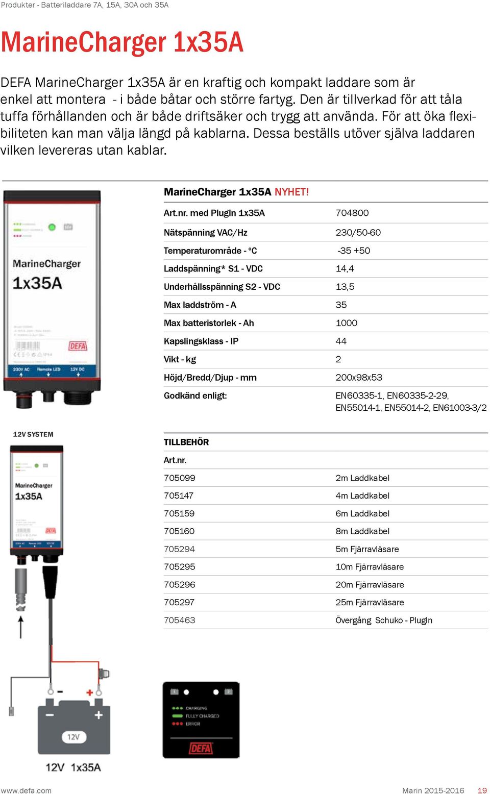 Dessa beställs utöver själva laddaren vilken levereras utan kablar. MarineCharger 1x35A NYHET! Art.nr.