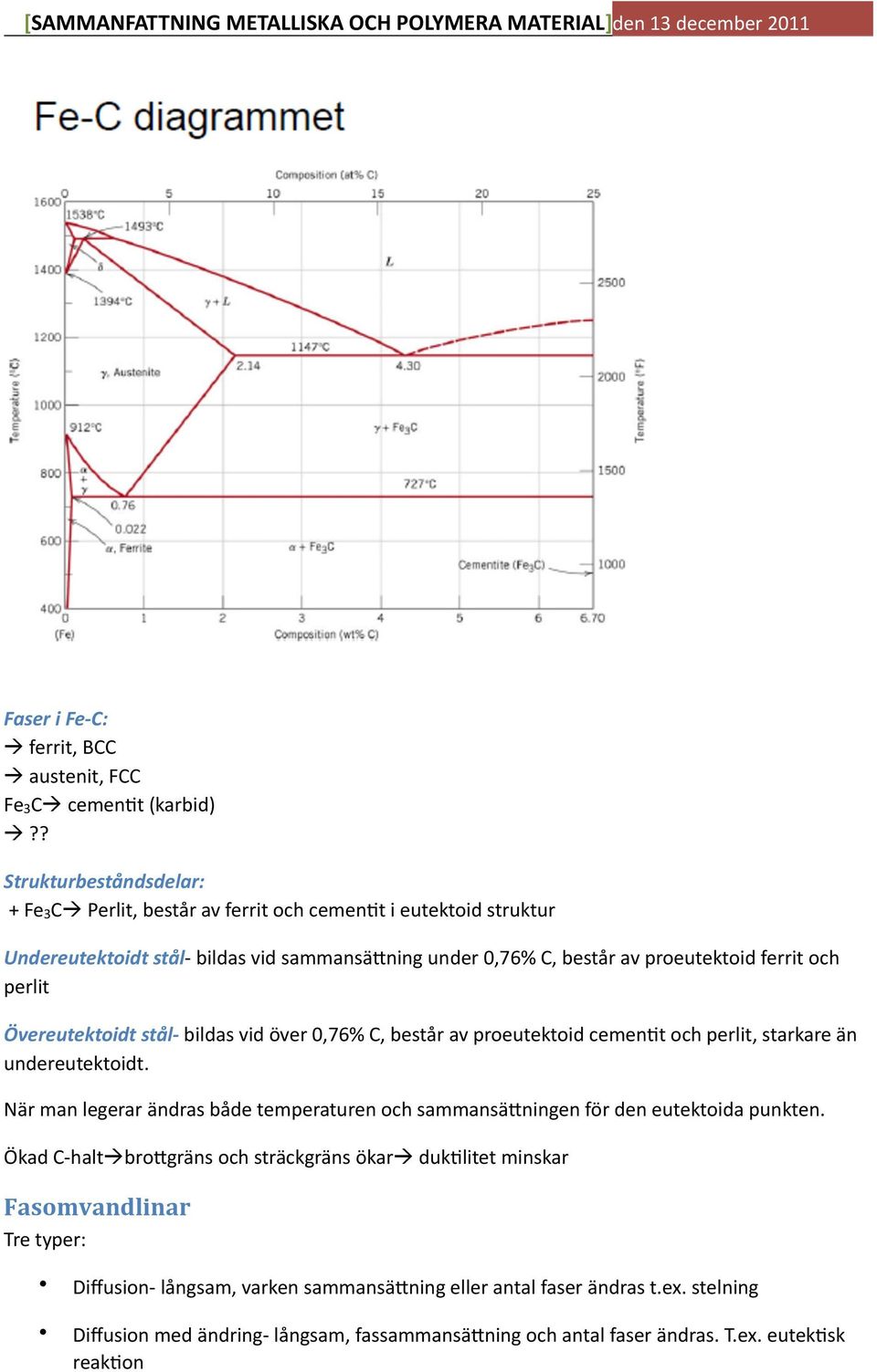 och perlit Övereutektoidt stål- bildas vid över 0,76% C, består av proeutektoid cemen;t och perlit, starkare än undereutektoidt.