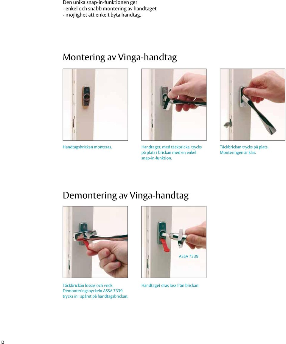 Handtaget, med täckbricka, trycks på plats i brickan med en enkel snap-in-funktion. Täckbrickan trycks på plats.