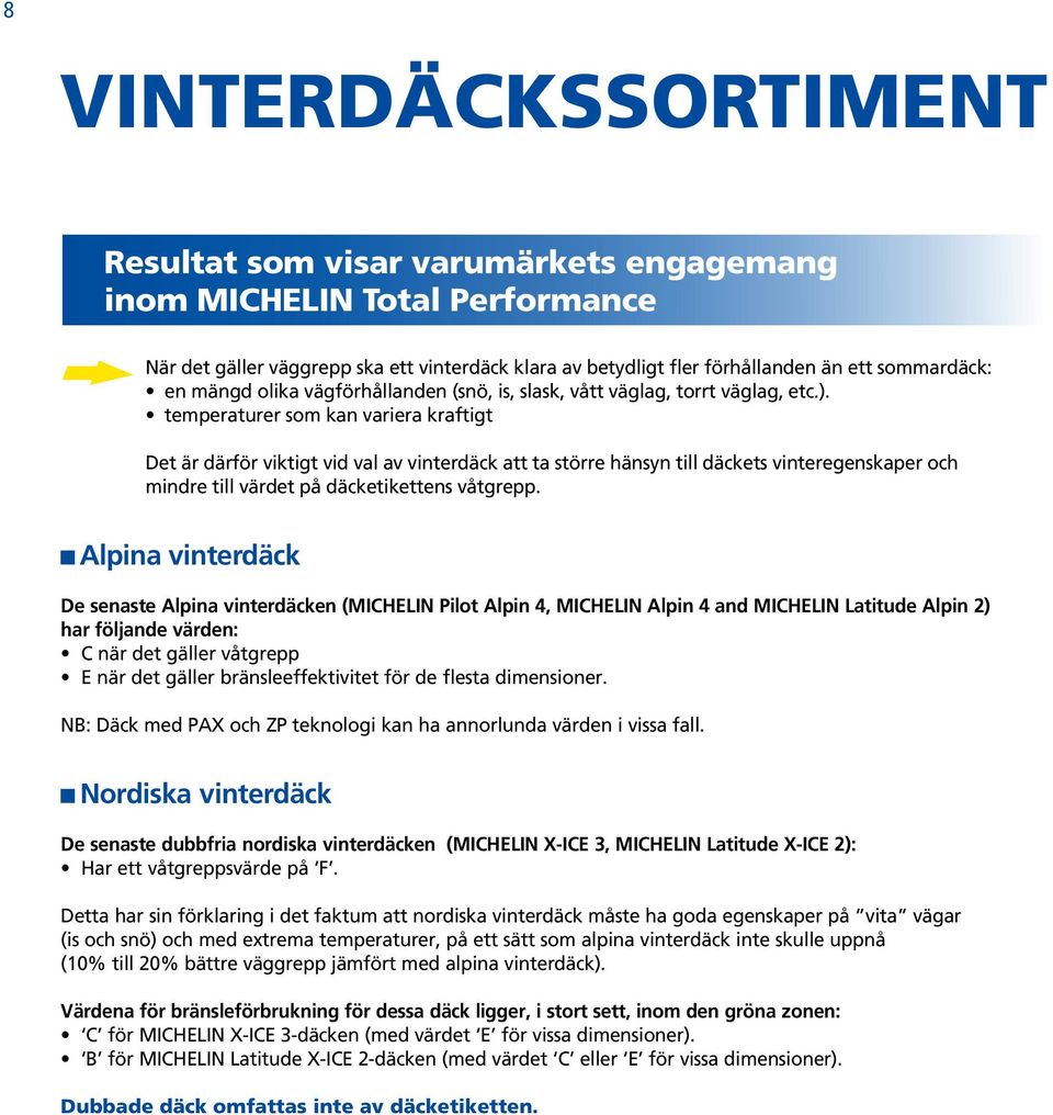 temperaturer som kan variera kraftigt Det är därför viktigt vid val av vinterdäck att ta större hänsyn till däckets vinteregenskaper och mindre till värdet på däcketikettens våtgrepp.