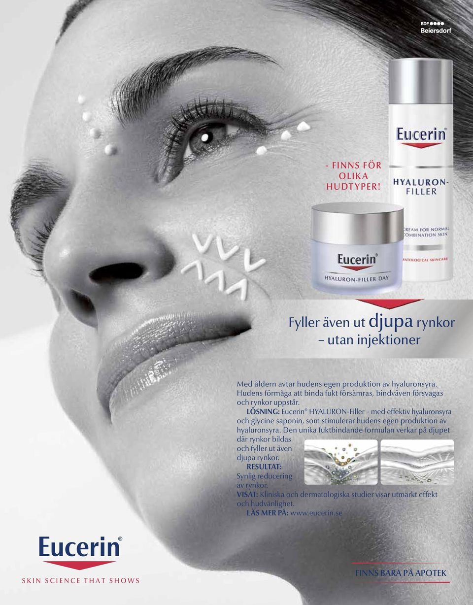 LÖSNING: Eucerin HYALURON-Filler med effektiv hyaluronsyra och glycine saponin, som stimulerar hudens egen produktion av hyaluronsyra.