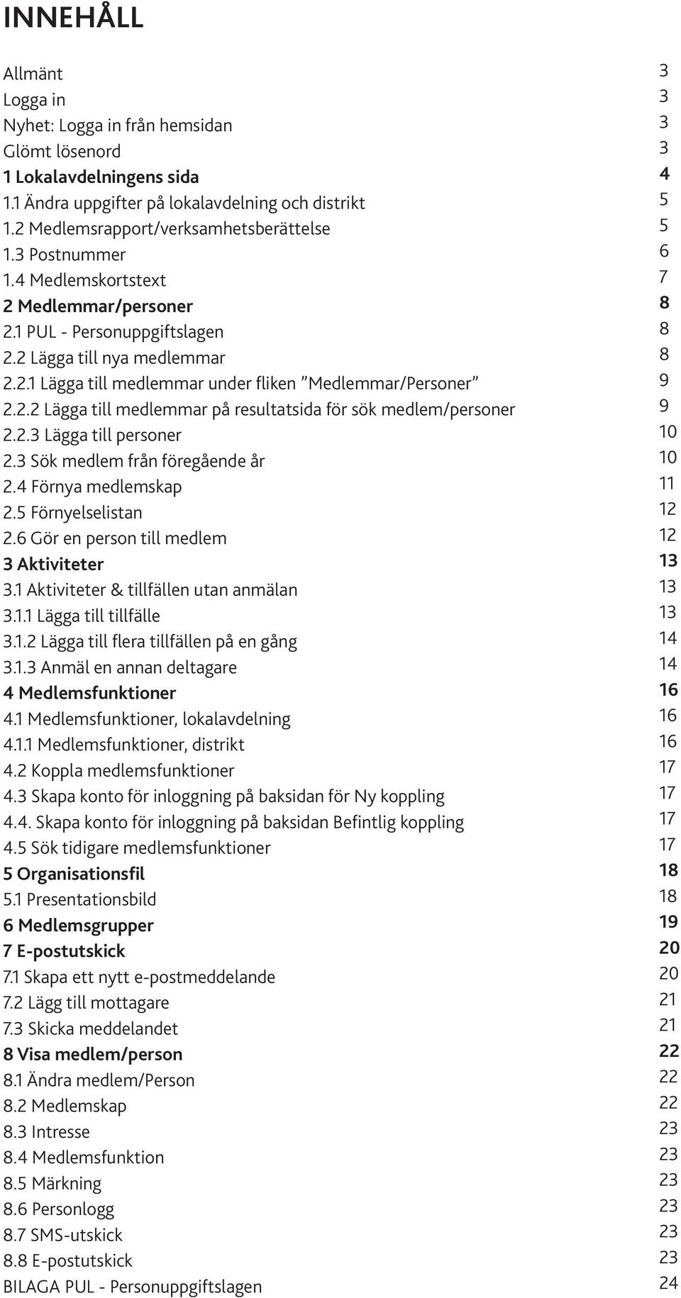 2. Lägga till personer 2. Sök medlem från föregående år 2.4 Förnya medlemskap 2.5 Förnyelselistan 2.6 Gör en person till medlem Aktiviteter. Aktiviteter & tillfällen utan anmälan.