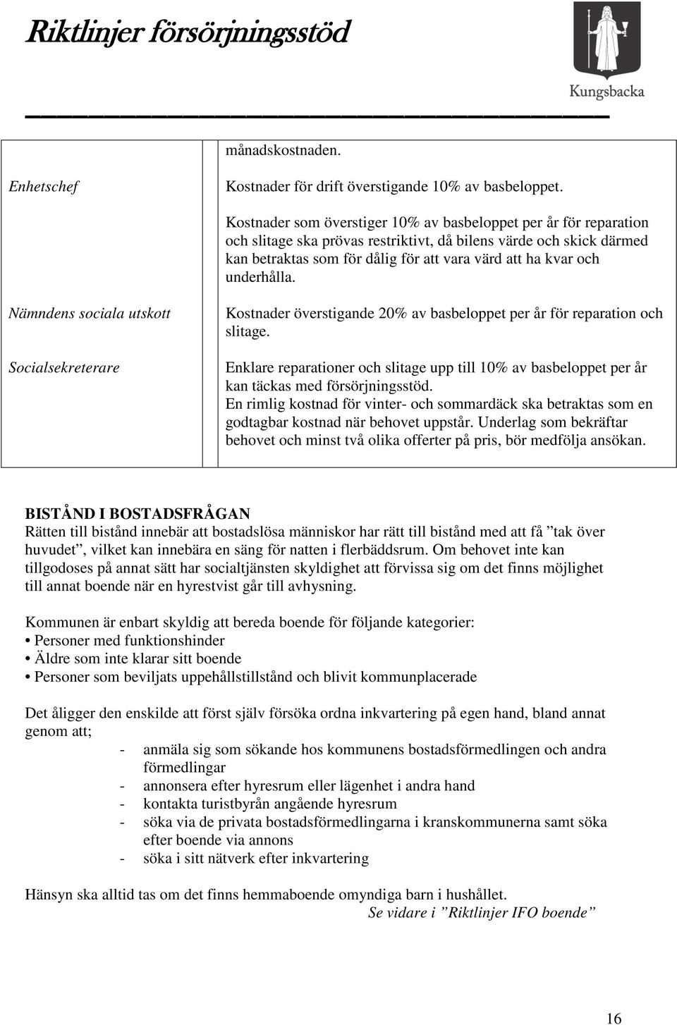 underhålla. Nämndens sociala utskott Socialsekreterare Kostnader överstigande 20% av basbeloppet per år för reparation och slitage.