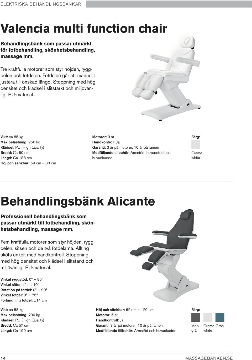 Vikt: ca 85 kg Max belastning: 250 kg Klädsel: PU (High Quality) Bredd: Ca 60 cm Längd: Ca 188 cm Höj och sänkbar: 59 cm 88 cm Motoror: 3 st Handkontroll: Ja Garanti: 3 år på motorer, 10 år på ramen