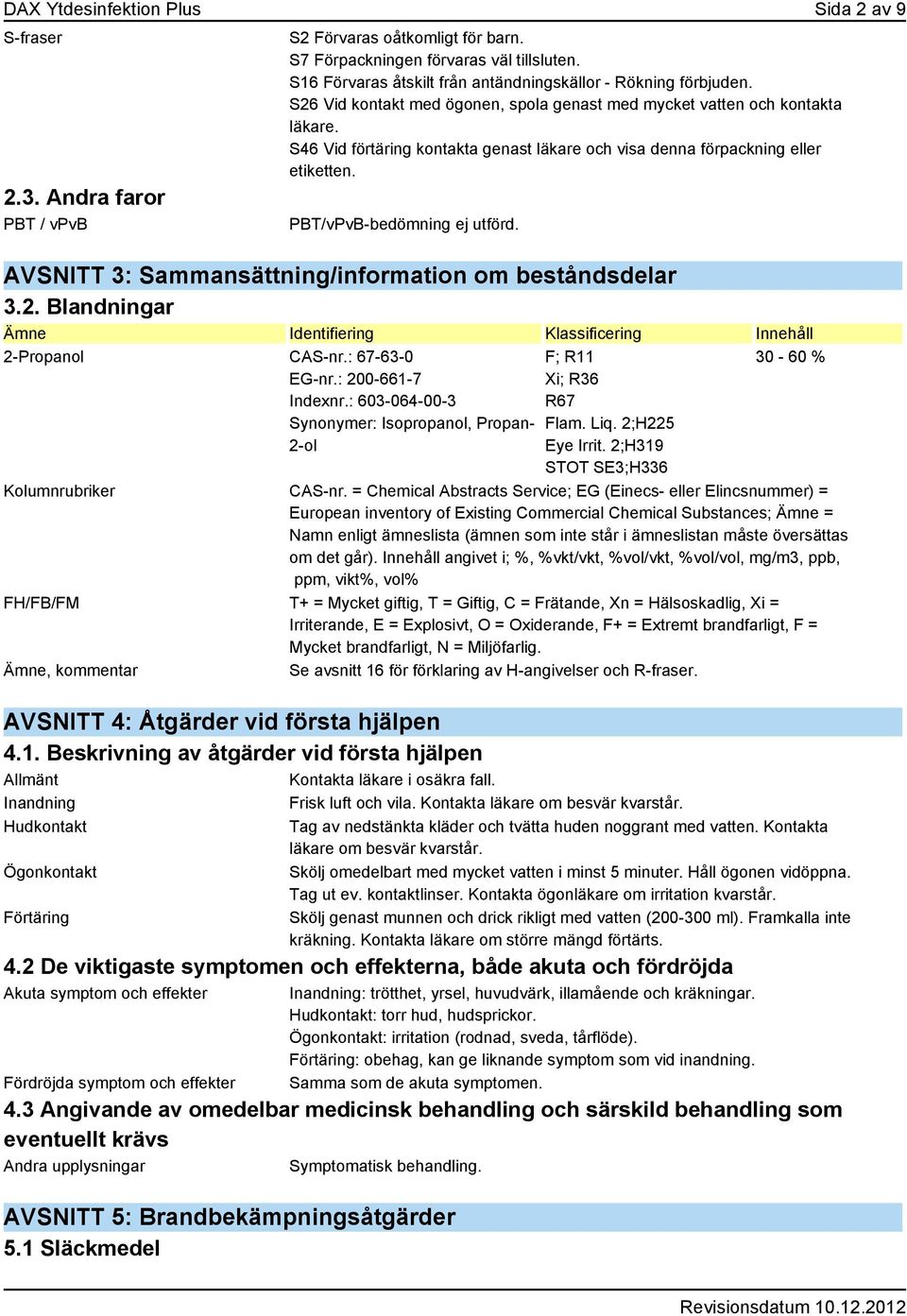 S46 Vid förtäring kontakta genast läkare och visa denna förpackning eller etiketten. PBT/vPvB-bedömning ej utförd. AVSNITT 3: Sammansättning/information om beståndsdelar 3.2.