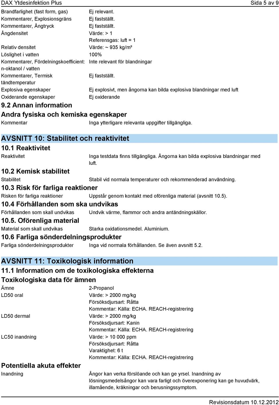 Kommentarer, Termisk Ej fastställt. tändtemperatur Explosiva egenskaper Ej explosivt, men ångorna kan bilda explosiva blandningar med luft Oxiderande egenskaper Ej oxiderande 9.