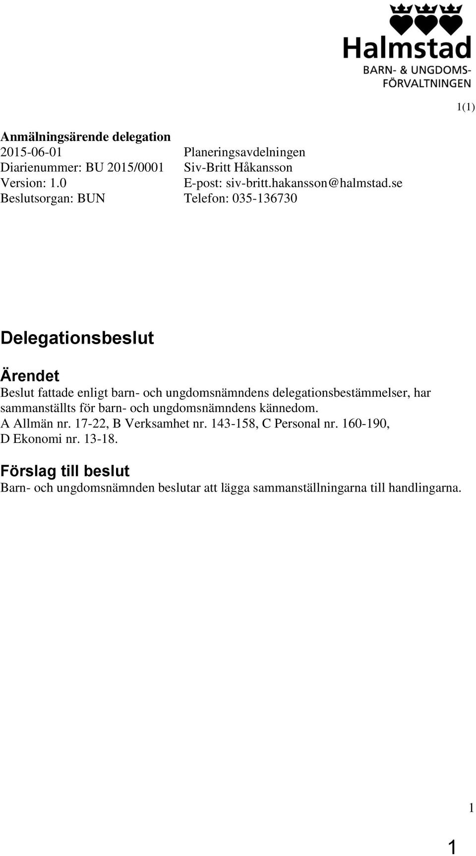 se Telefon: 035-136730 Delegationsbeslut Ärendet Beslut fattade enligt barn- och ungdomsnämndens delegationsbestämmelser, har sammanställts