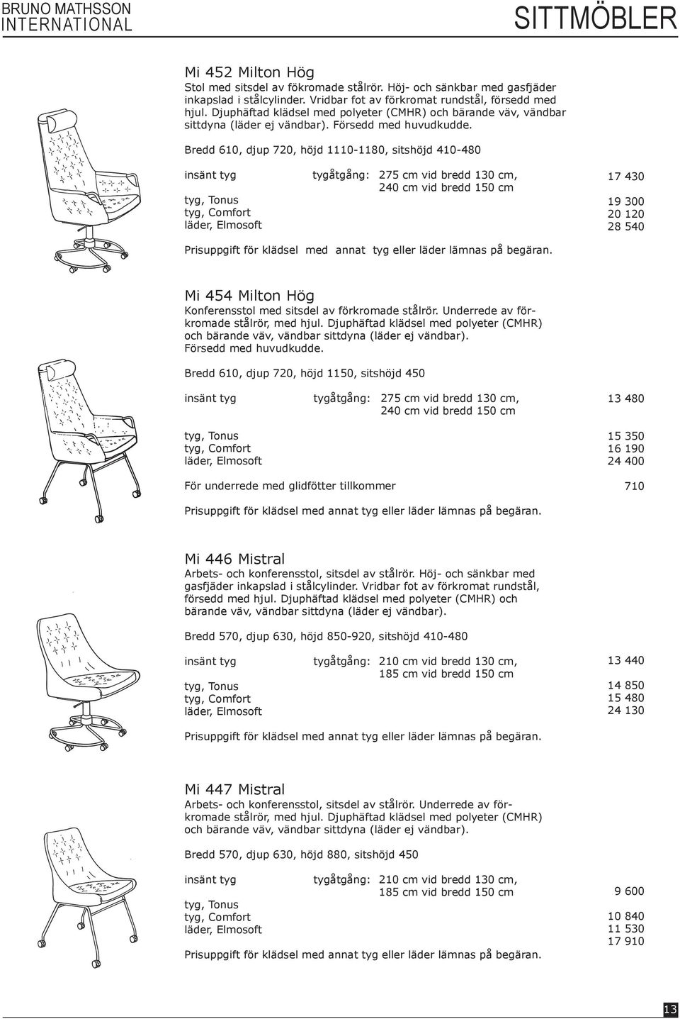 Bredd 610, djup 720, höjd 1110-1180, sitshöjd 410-480 tyg, Comfort tygåtgång: 275 cm vid bredd 130 cm, 240 cm vid bredd 150 cm 17 430 19 300 20 120 28 540 Prisuppgift för klädsel med annat tyg eller